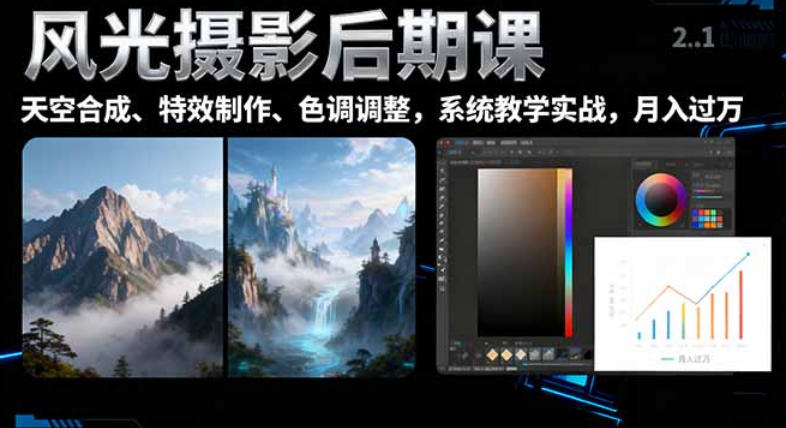 风光摄影后期合成实战教程，一键换天空合成、特效制作、色调调整