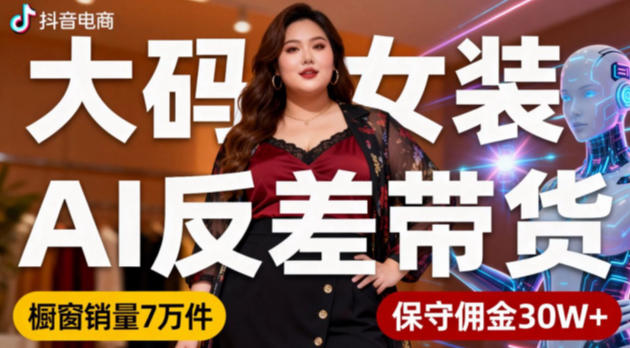 抖音大码女装AI反差带货小众赛道，不用直播，每天6条作品，橱窗卖7万件