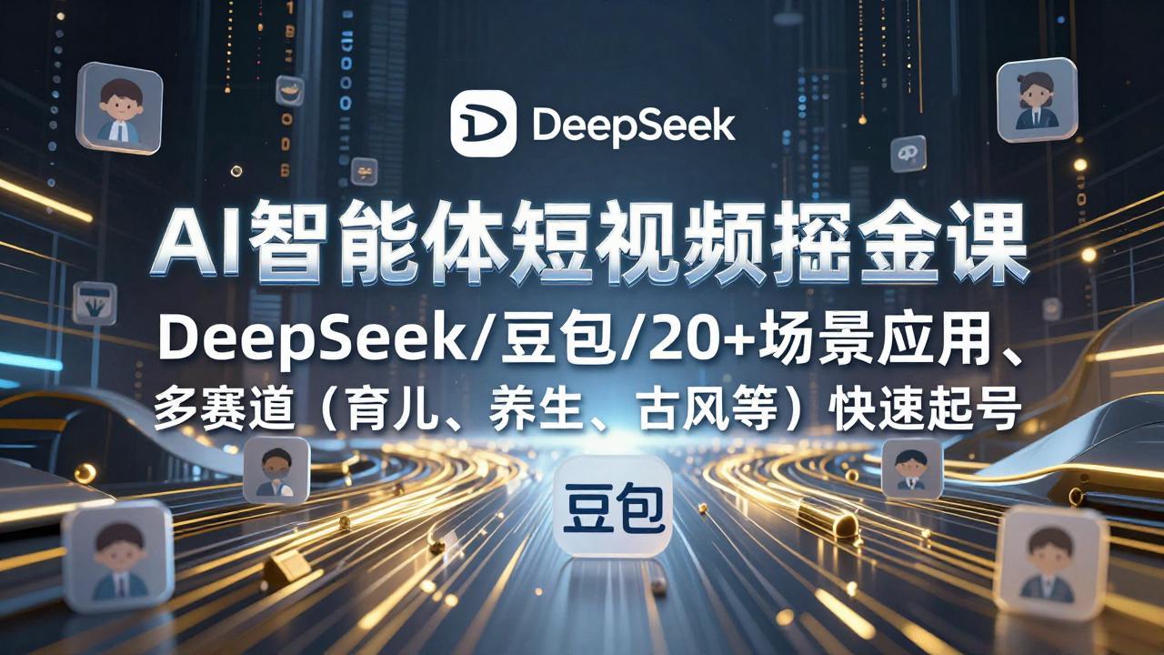 AI智能体短视频掘金课，DeepSeek/豆包/20+场景应用、多赛道（育儿、养生、古风等）快速起号