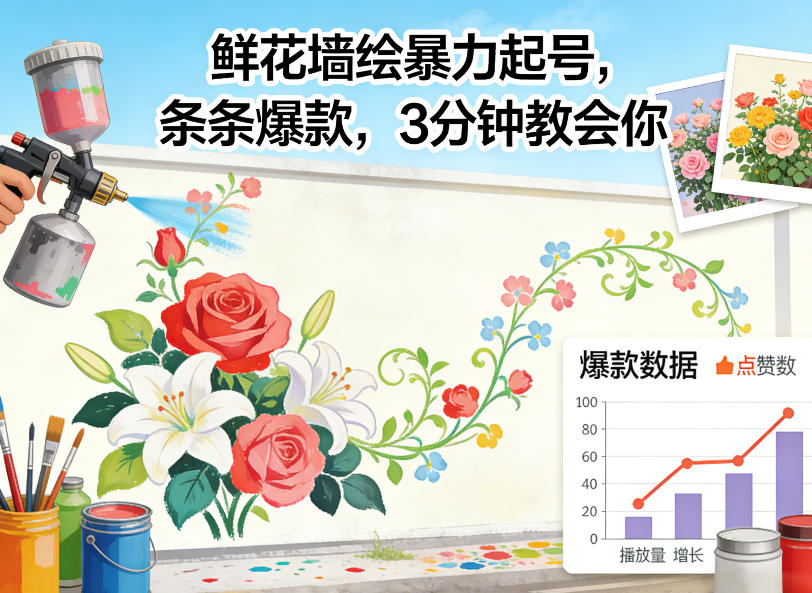 AI鲜花墙绘暴力起号！3分钟速成，条条爆款轻松上手