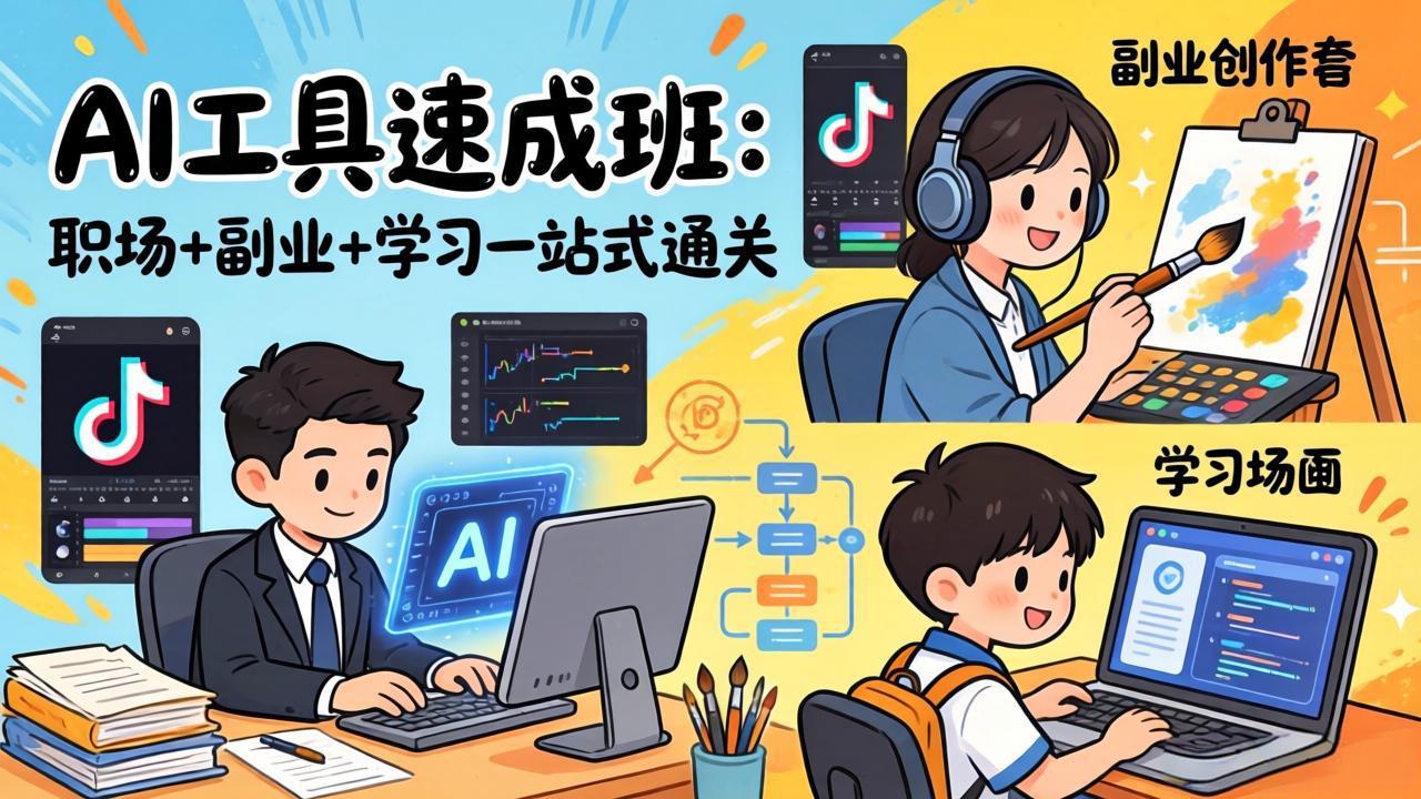 AI工具速成课:爆款类型+剪映技巧+抖音算法,职场+副业+学习,0基础快速上手