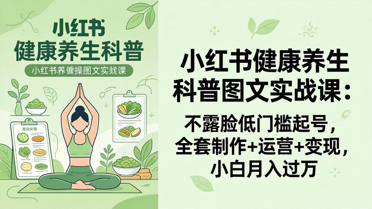 2026小红书健康养生科普图文实战课：卡通插画+图文创作+流量运营，不露脸也能月入过万