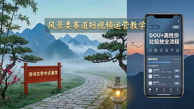 风景类赛道短视频运营课：中式美学+诗词文学融合，从养号调色到剪辑违规处理全流程