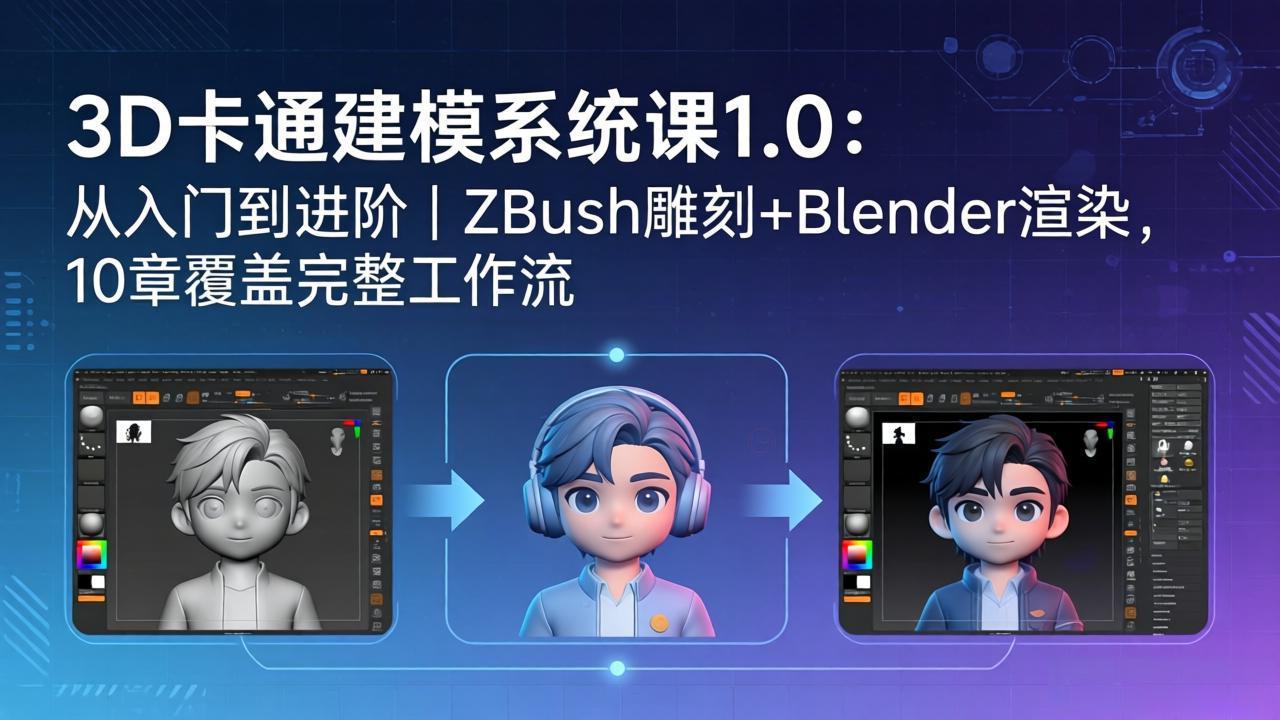 3D卡通角色建模系统课：ZBrush+Blender双软件，覆盖服装UV材质渲染全流程