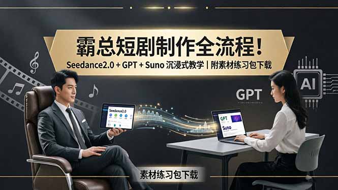 AI霸总短剧全流程制作课：GPT剧情内核+Seedance2.0画面+Suno配乐，三步零基础打造爆款，附素材练习包下载