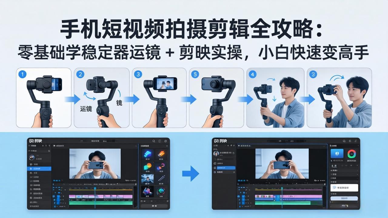 手机短视频拍摄剪辑全能实战课：零基础学稳定器运镜+电脑剪映，从调平到高清导出