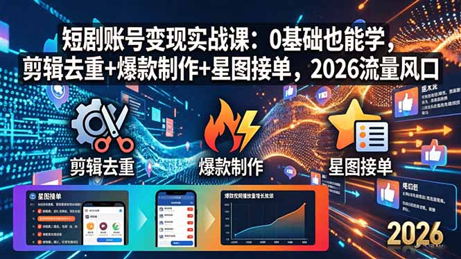 短剧赛道流量红利实战课：抖音账号搭建+对标分析+素材获取，零基础也能轻松变现