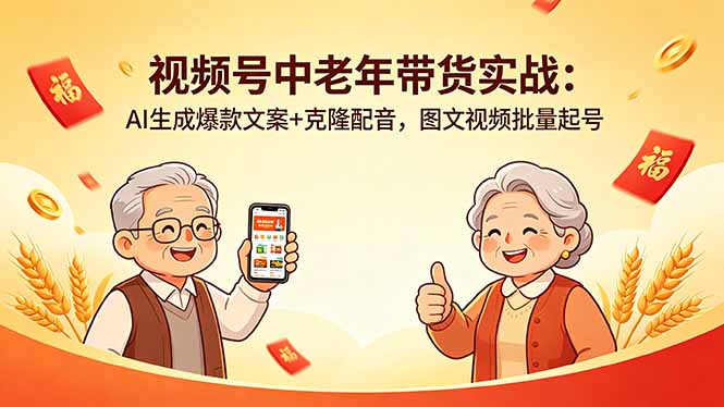 视频号中老年带货实战：AI生成爆款文案+克隆配音，图文视频批量起号，稳定变现
