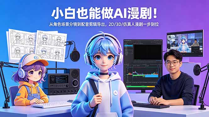 AI漫剧制作全流程实操课，从角色场景分镜到配音剪辑导出，2D/3D/仿真人漫剧，小白也能做