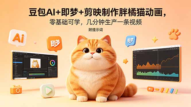 豆包AI+即梦+剪映制作胖橘猫动画视频，零基础可学，几分钟生产一条视频，附提示词