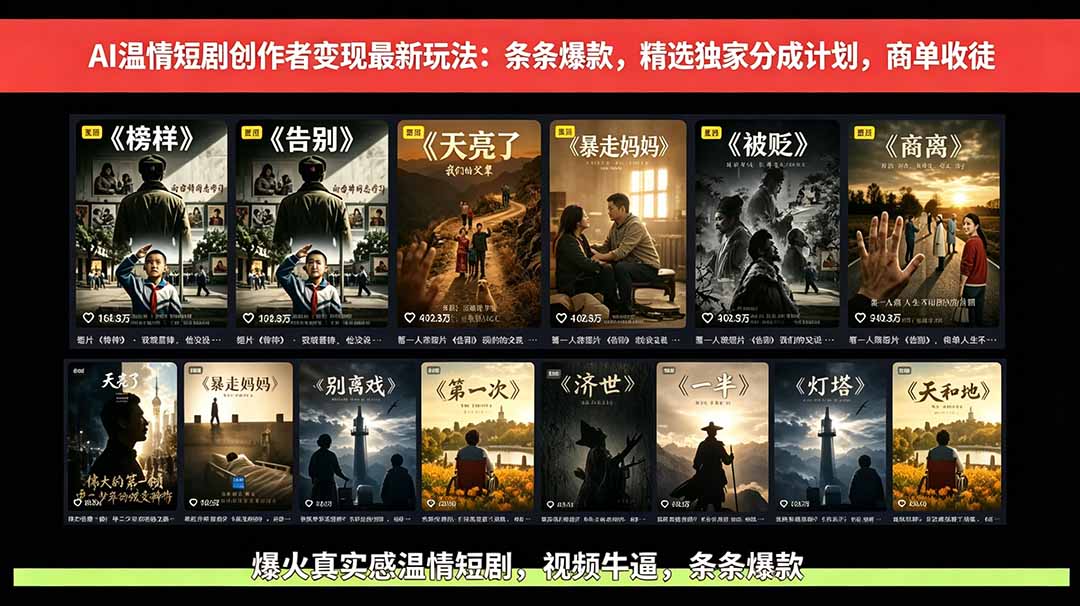 AI温情短剧实战课：条条爆款，精选分成计划与商单收徒变现，从基础流程到镜头控制