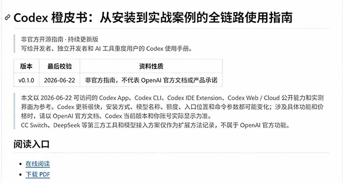 Codex橙皮书开源指南，安装配置核心功能实战案例PDF下载全链路【PDF文档】