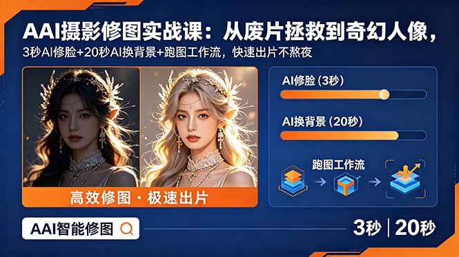 AI摄影修图实战课：PS加AI智能跑图融合，3秒修脸20秒换背景