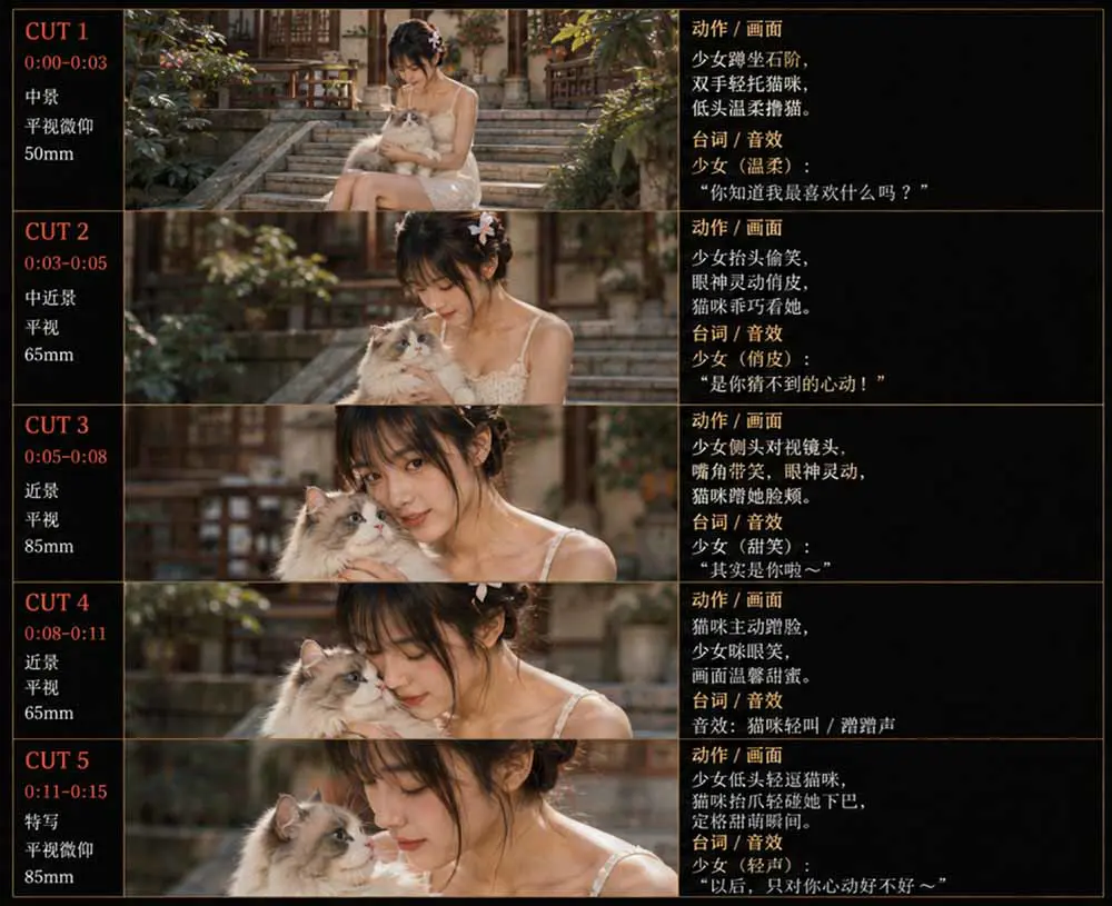 美女和猫故事提示词,人物一致性提示词+故事板