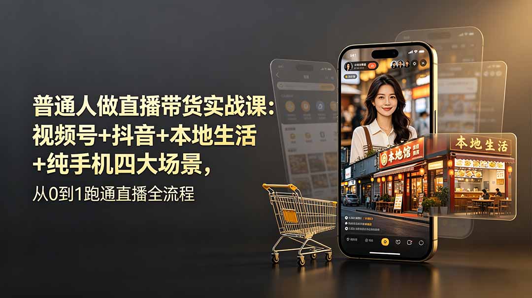 普通人直播带货实战课，视频号抖音本地生活团购纯手机直播四大场景