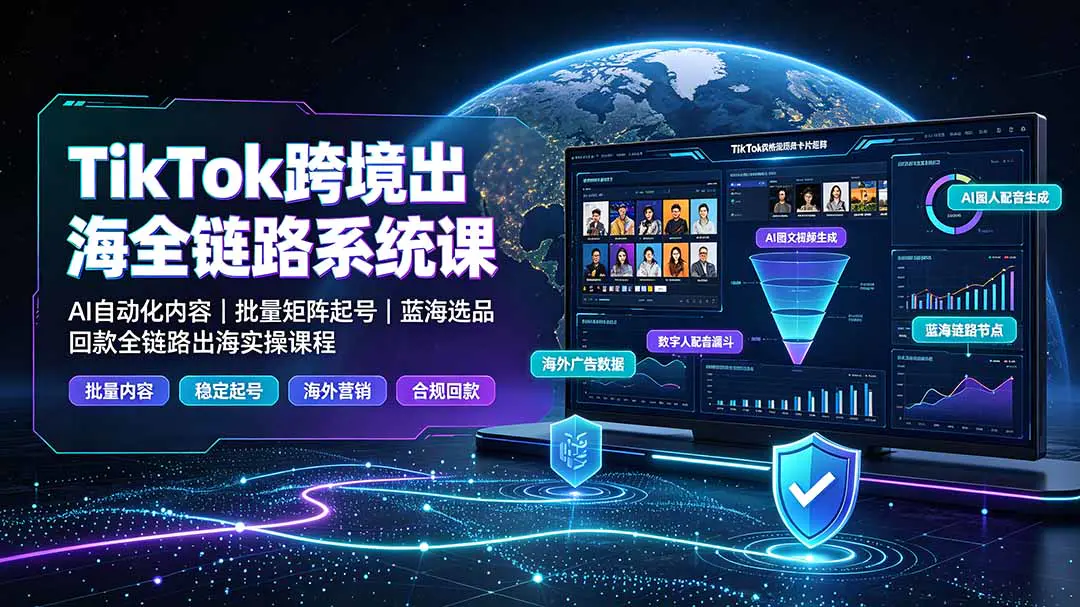 TikTok跨境出海全链路系统实操课:AI自动化内容,批量矩阵起号,蓝海选品回款-2026年7月