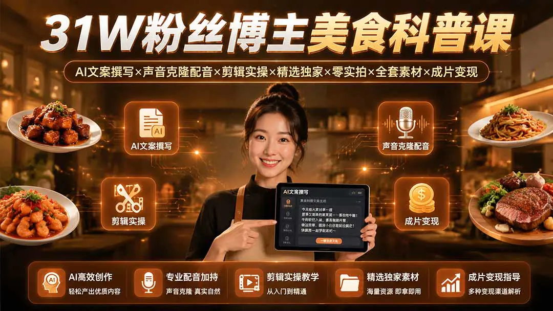 美食科普短视频AI制作课:AI文案撰写+声音克隆+配音剪辑+精选独家+零实拍+成片变现