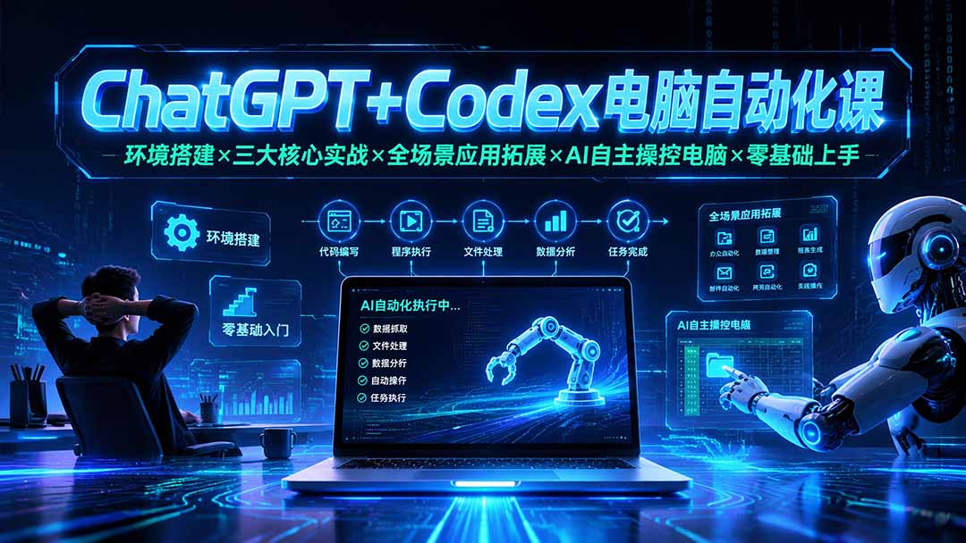 ChatGPT+Codex电脑自动化课：环境搭建+三大核心实战+全场景应用拓展+AI自主操控电脑+零基础上手