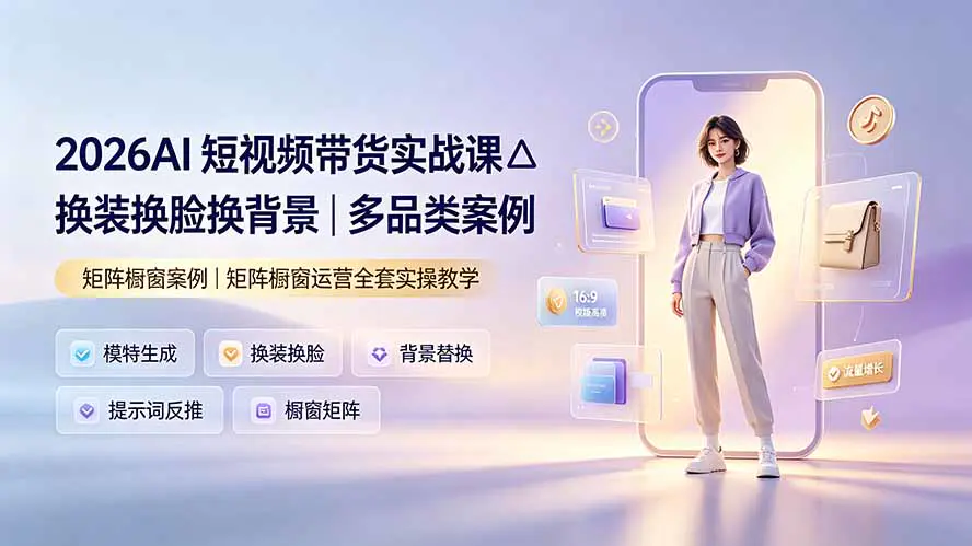 2026AI短视频带货实战,模特生成人脸服装背景替换卡点换装矩阵橱窗运营带货