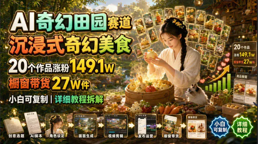 AI沉浸式田园美食短片:20条视频涨粉149万,橱窗带货27万件