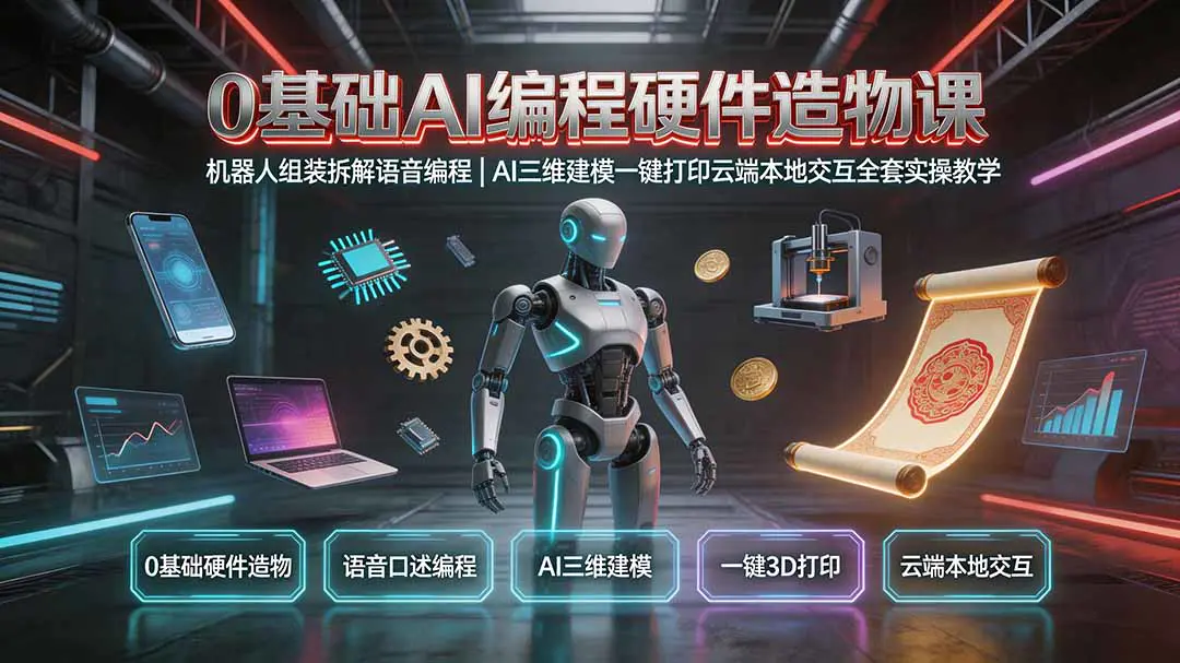 0基础AI编程硬件造物课,智能机器人组装拆解语音编程,3D建模一键打印实操教学