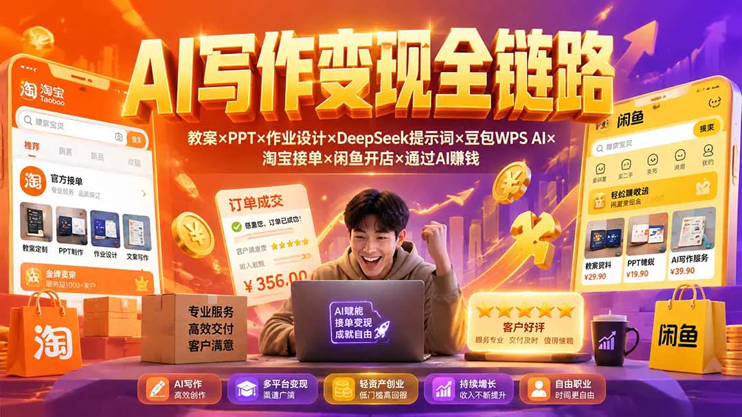 2026AI写作变现全链路:教案PPT作业设计DeepSeek提示词豆包WPS AI淘宝接单闲鱼开店,通过AI賺钱(飞书文档)