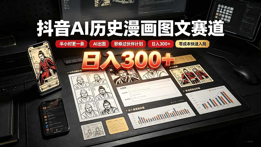 抖音历史漫画图文赛道实操,低成本零付费半小时产出日入300+