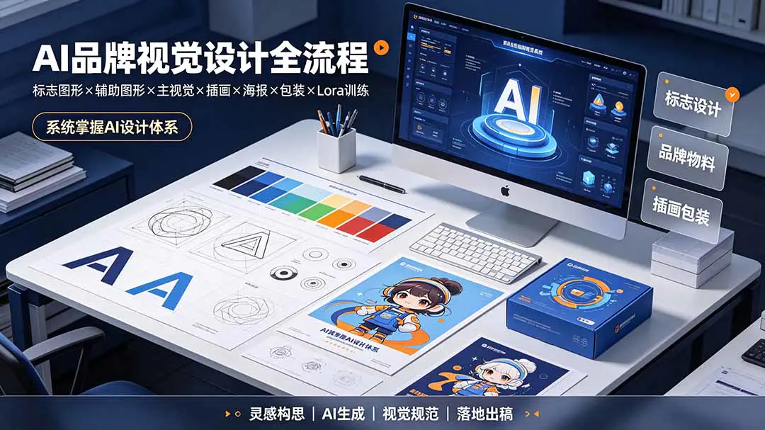 AI品牌视觉设计全流程:标志图形+辅助图形+主视觉+插画+海报+包装+Lora训练=