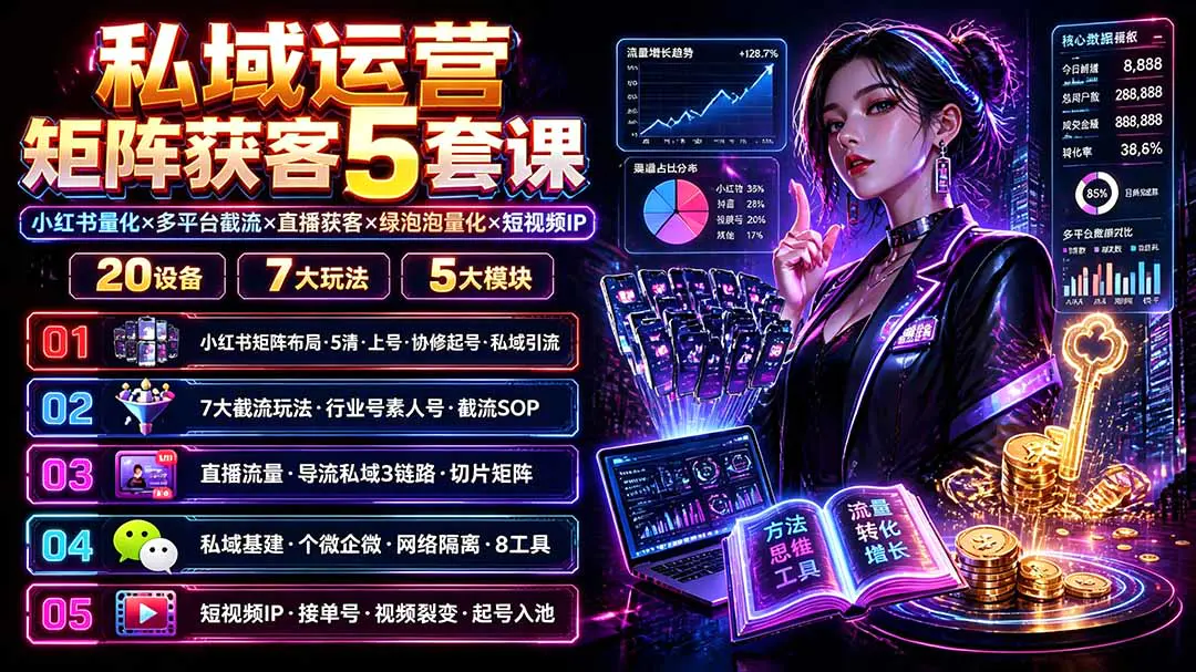 私域运营矩阵获客5套课:小红书图文量化+多平台截流+多平台直播+绿泡泡量化+短视频IP获客