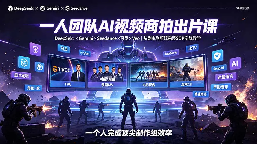 一人团队AI视频商拍出片课:DeepSeek+Gemini+Seedance+可灵+Veo,从剧本到剪辑完整SOP实战教学