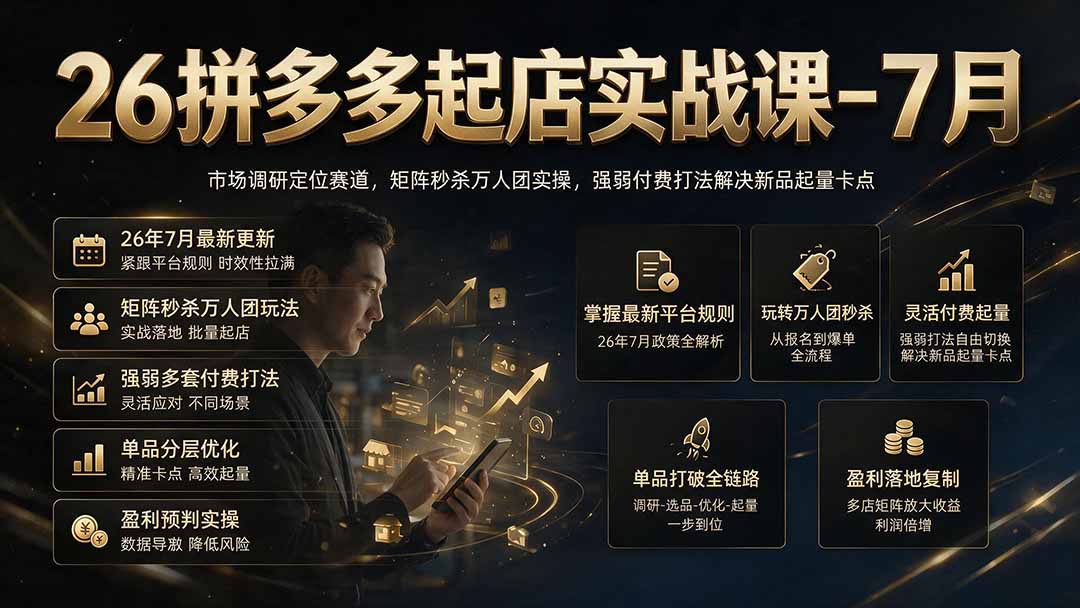 26拼多多起店实战课，矩阵秒杀万人团实操，强弱付费打法解决新品起量卡点-7月