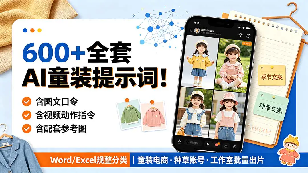 600+全套AI童装提示词!童装电商种草账号图文视频全覆盖