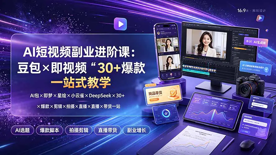 AI视频全链路实操,豆包即梦星绘小云雀DeepSeek工具,运营爆款剪辑拍摄直播带货