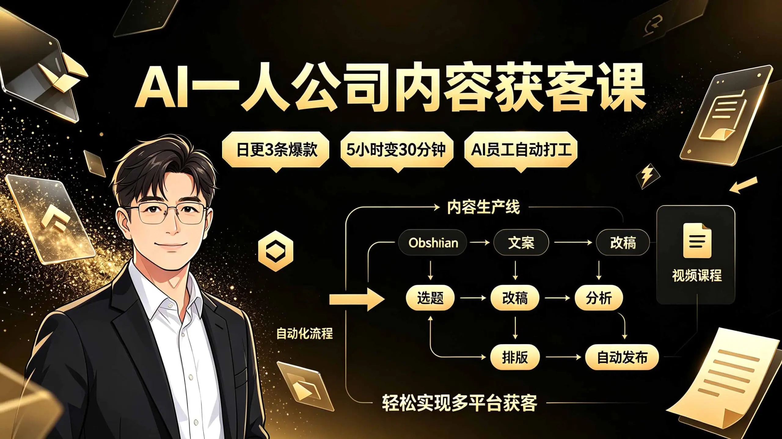 AI一人公司内容获客课:日更3条爆款+5小时变30分钟+AI员工自动打工,轻松实现多平台获客