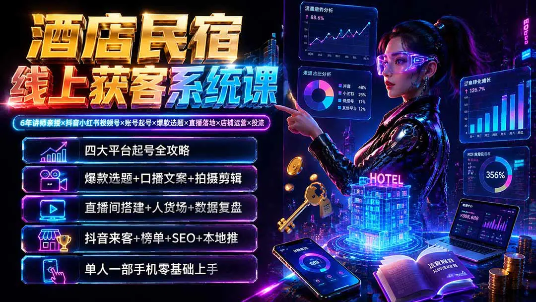 酒店民宿线上获客系统课,抖音小红书视频号+账号起号+爆款选题+直播落地+店铺运营+投流