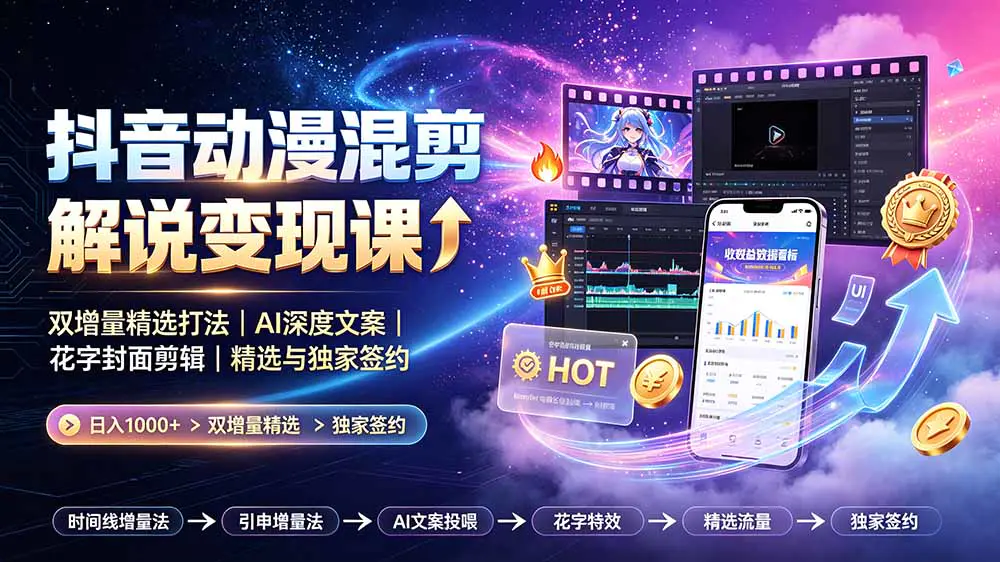抖音动漫混剪解说变现课:双增量精选打法,AI深度文案,花字封面剪辑,精选与独家签约日入1000+
