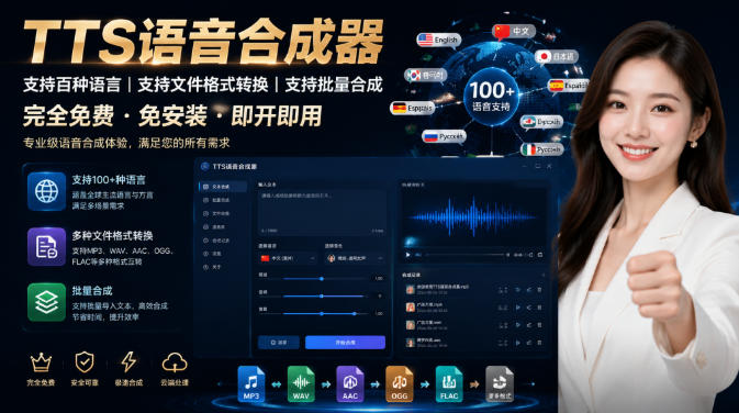 TTS语音合成器，文字转语音，百种语言方言，自然真人声，文件格式互转