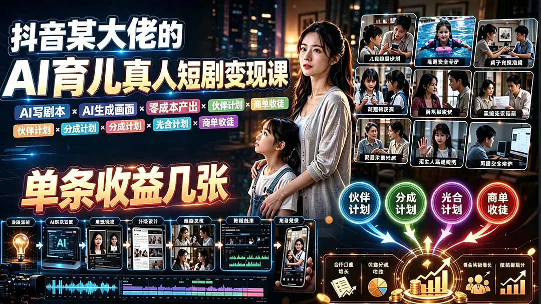 AI育儿真人短剧变现课:AI写剧本生成画面零成本吸引宝妈精准流量变现