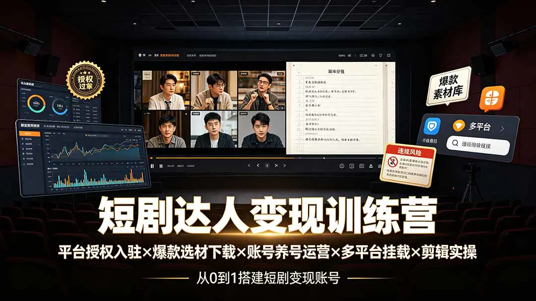 短剧达人变现全流程:零基础平台授权入驻+爆款选材下载+账号养号运营+多平台挂载+剪辑实操+违规处理全流程