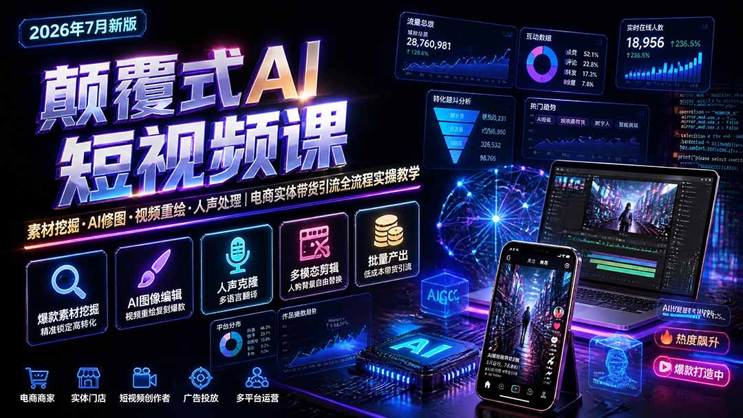 AI短视频创作实操课，素材挖掘+AI修图+视频重绘+人声处理，电商实体带货引流全流程