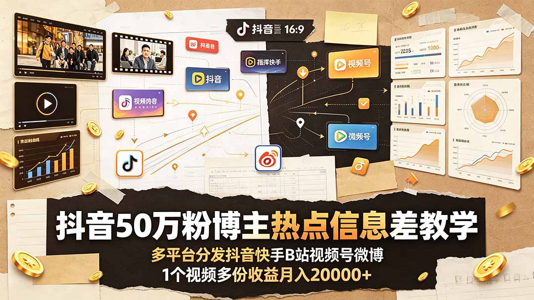 热点信息差短视频全流程，选题挖掘内容制作多平台分发月入2万+