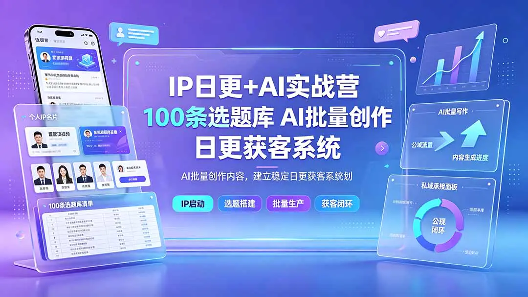 IP日更+AI实战营:IP置顶视频制作+100条选题库搭建+10条日更规划,AI批量创作内容,建立稳定日更获客系统
