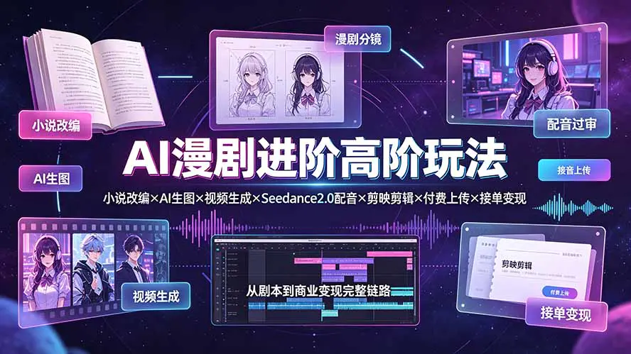 AI漫剧全链路:小说改编+AI生图+视频生成+Seedance2.0配音+剪映剪辑+付费上传+接单变现
