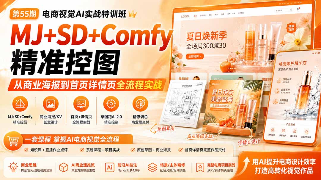 电商视觉AI实战特训班:MJ+SD+Comfy精准控图,商业海报/首页KV/详情页设计,从草图到商业交付一站掌握