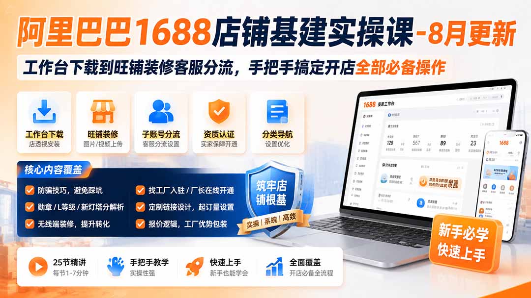 阿里巴巴1688店铺基建实操课,工作台下载到旺铺装修客服分流,手把手搞定开店全部必备操作-8月更新