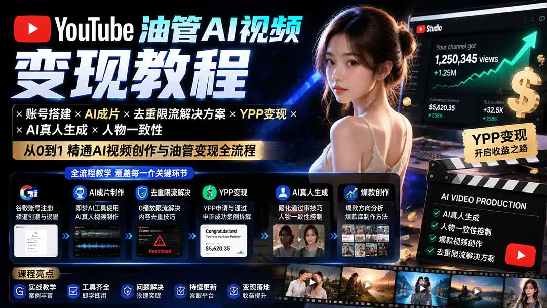 YouTube油管AI视频创作变现教程:账号搭建+AI成片+去重限流解决方案+YPP变现+AI真人生成+人物一致性