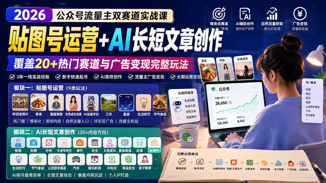 公众号流量主双赛道实战课:贴图号运营+AI长短文章创作,覆盖20+热门赛道与广告变现完整玩法(飞书文档)