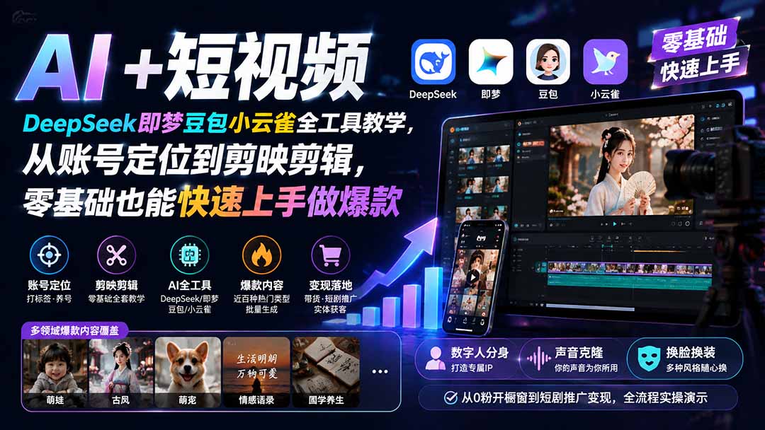 AI短视频实操，DeepSeek即梦豆包小云雀爆款制作，从账号定位到剪映剪辑，零基础也能快速上手