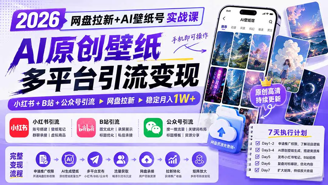 2026网盘拉新+AI壁纸号实战课:AI原创壁纸+小红书+B站+公众号引流,手机即可操作,月入1W+