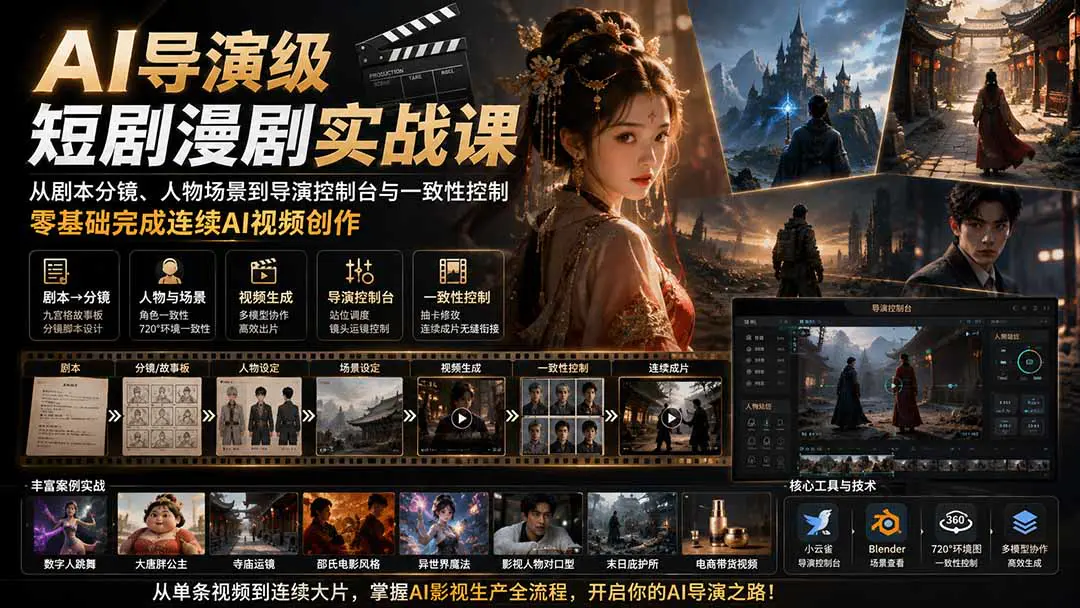 AI导演级短剧漫剧实战课:剧本分镜、人物场景、视频生成、一致性控制、连续成片,零基础完成连续AI视频创作 (更新)